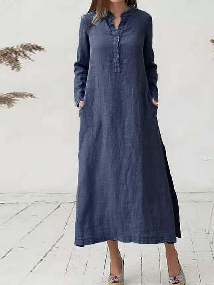 Casual Buttoned Shift Cotton Woman Maxi Dress