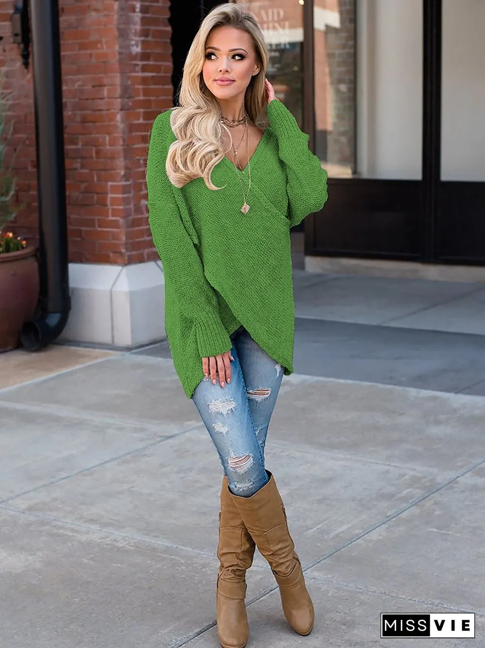 Deep V-Neck Wrap Knitted Sweater