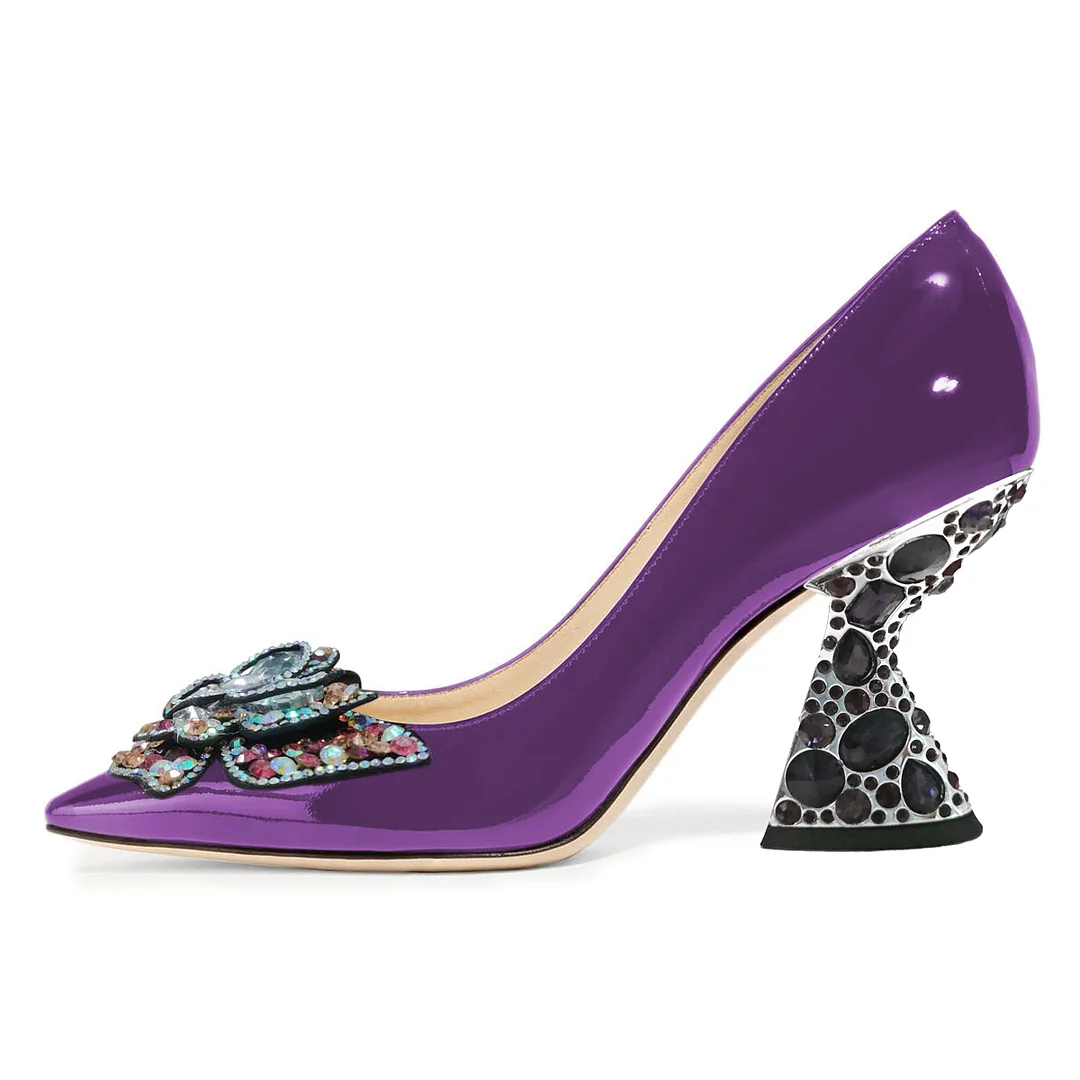 Patent Leather Pointed Butterfly Decorative Heel Pumps in Purple   