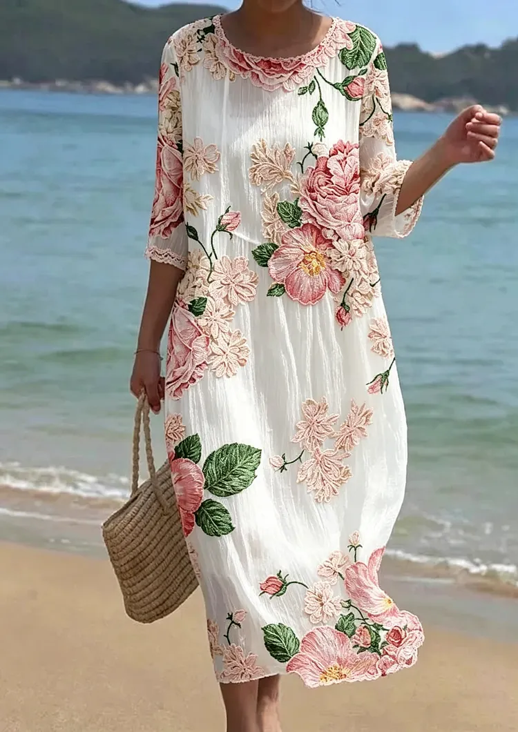 Women's Floral Embroidered Loose Midi Dress