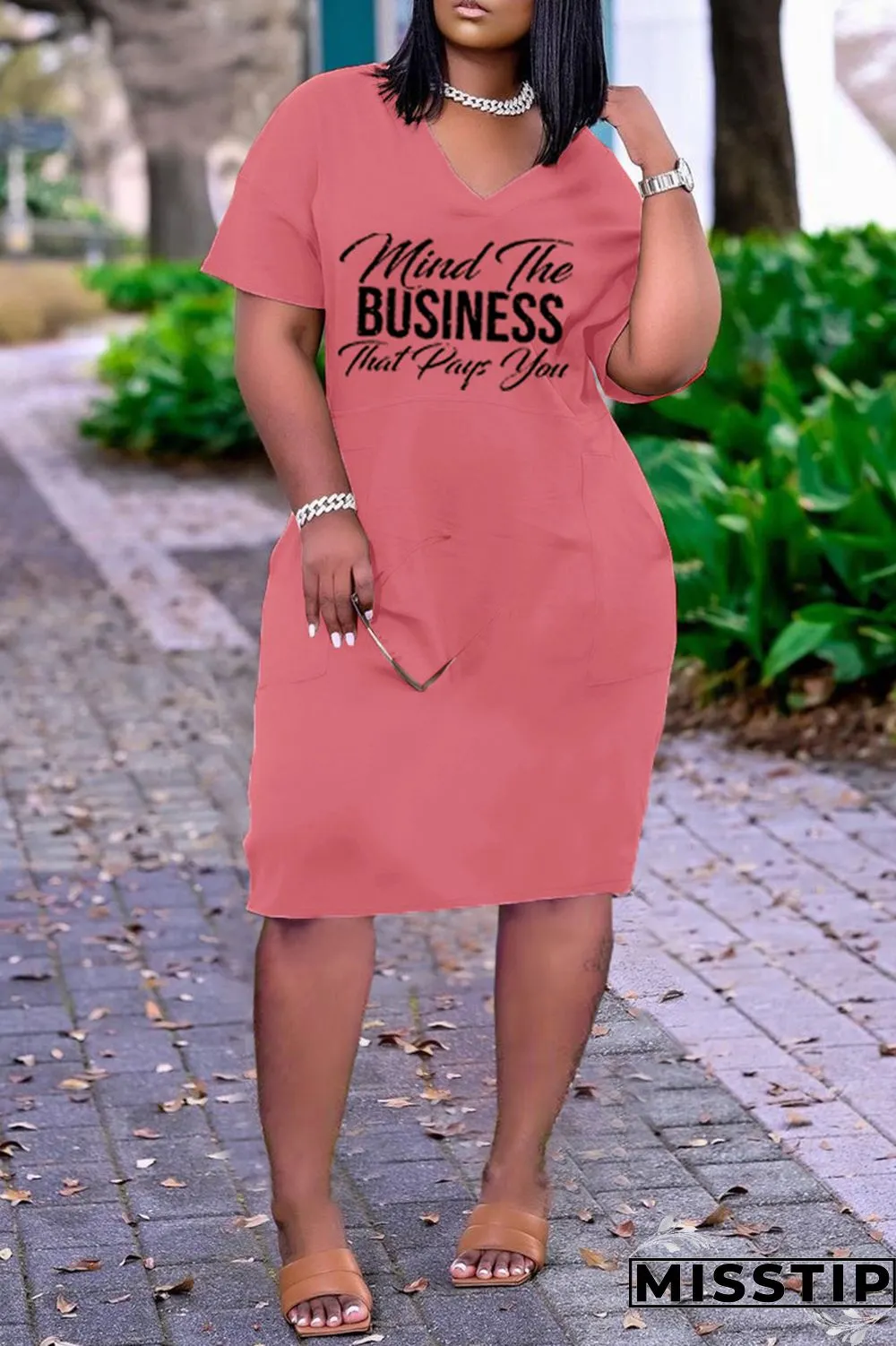 Pink Fashion Casual Letter Print Basic V Neck Short Sleeve Dress