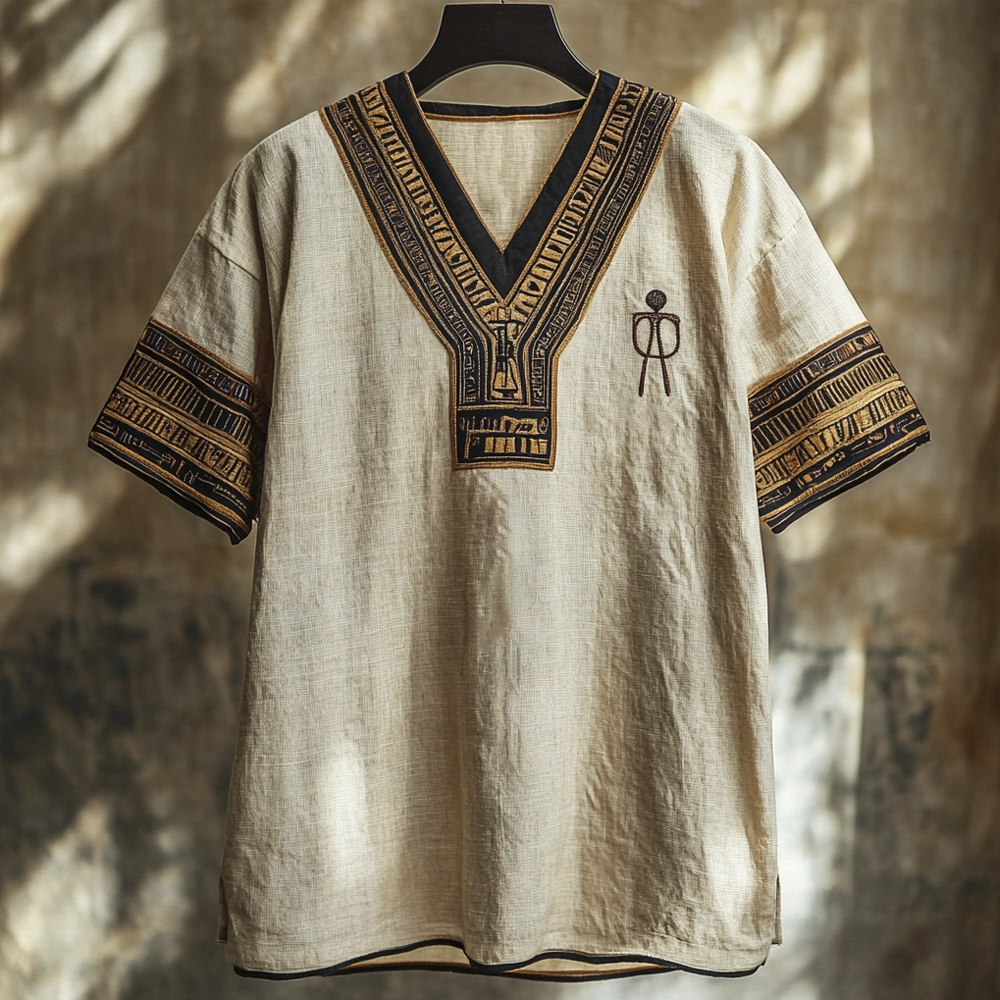 Vintage Egyptian Totem Men's Linen Short Sleeve V-neck Shirt