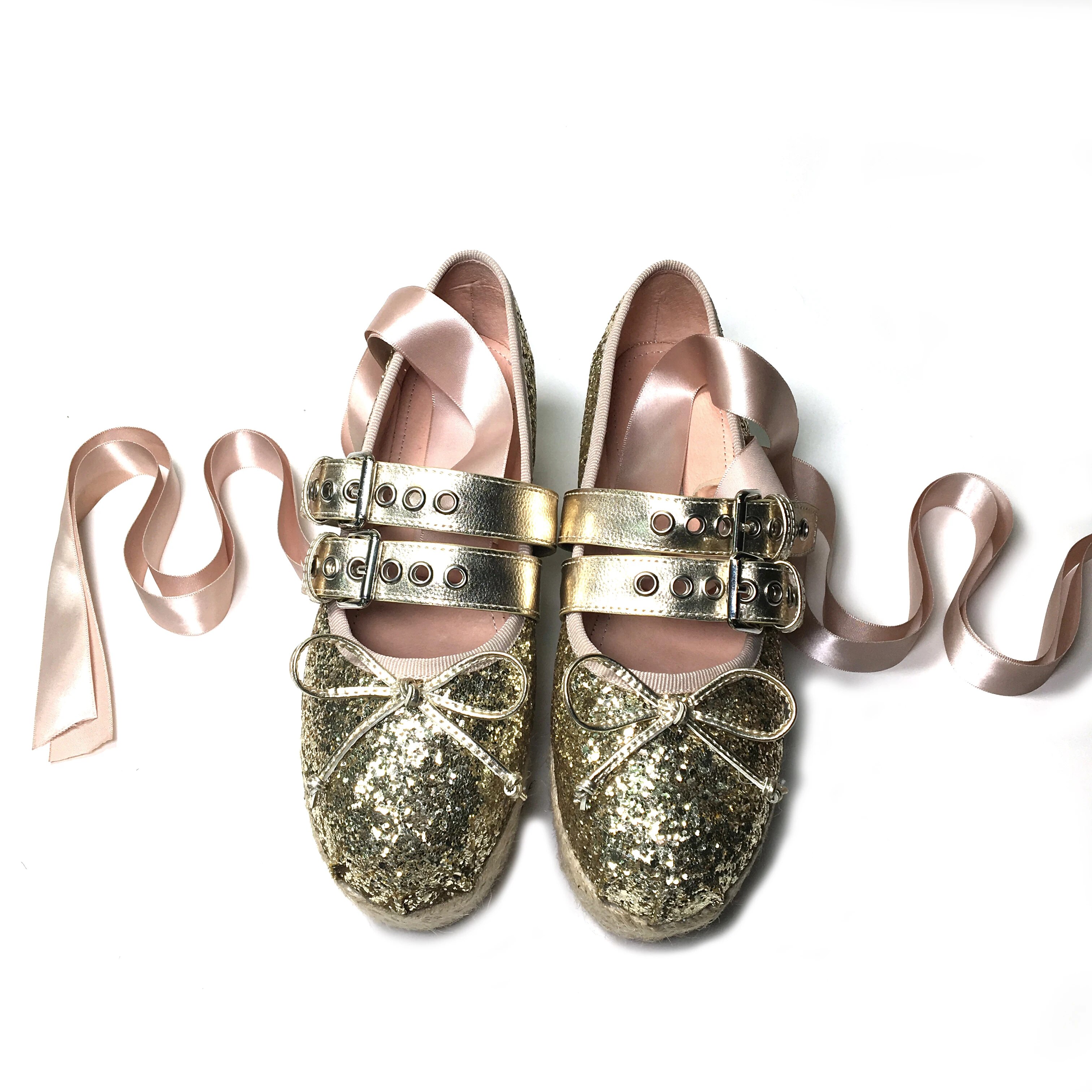 VCSHOES Silver Bling Double Strap Buckle Ankle Riband Bandage Ballet Flats Shoes Woman Rope Braided Platform Sole Sequins Fishman Shoes