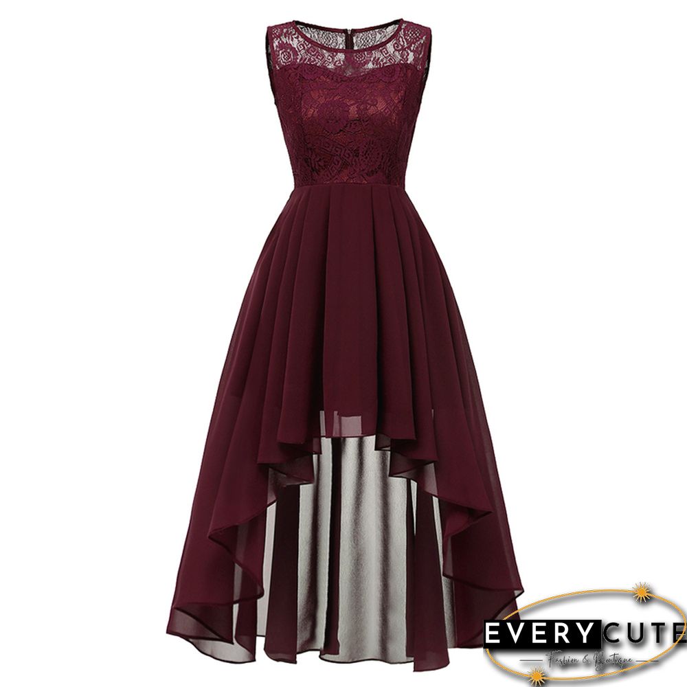 Wine Red Lace Contrast Chiffon Sleeveless Prom Dress