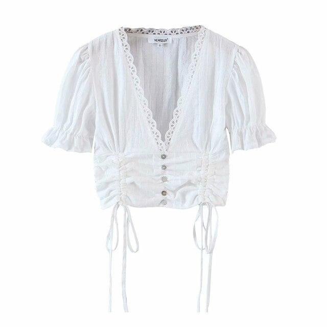 Summer button up shirts for women sexy lace blouse women casual short sleeve white top cute puff sleeve top cropped shirt v neck - Shop Trendy Women's Fashion | TeeYours