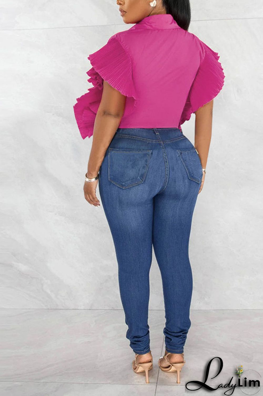 Rose Red Casual Solid Patchwork Buckle Flounce Turndown Collar Tops