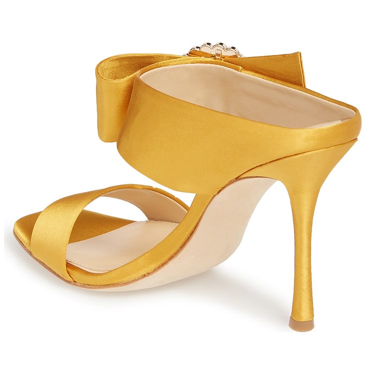 Yellow Satin Cut Out  Buckle Rhinestone Mule Sandals |FSJ Shoes