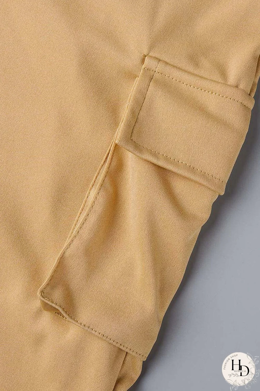 Khaki Casual Solid Bandage Patchwork Pocket Buckle Turndown Collar Short Sleeve Two Pieces