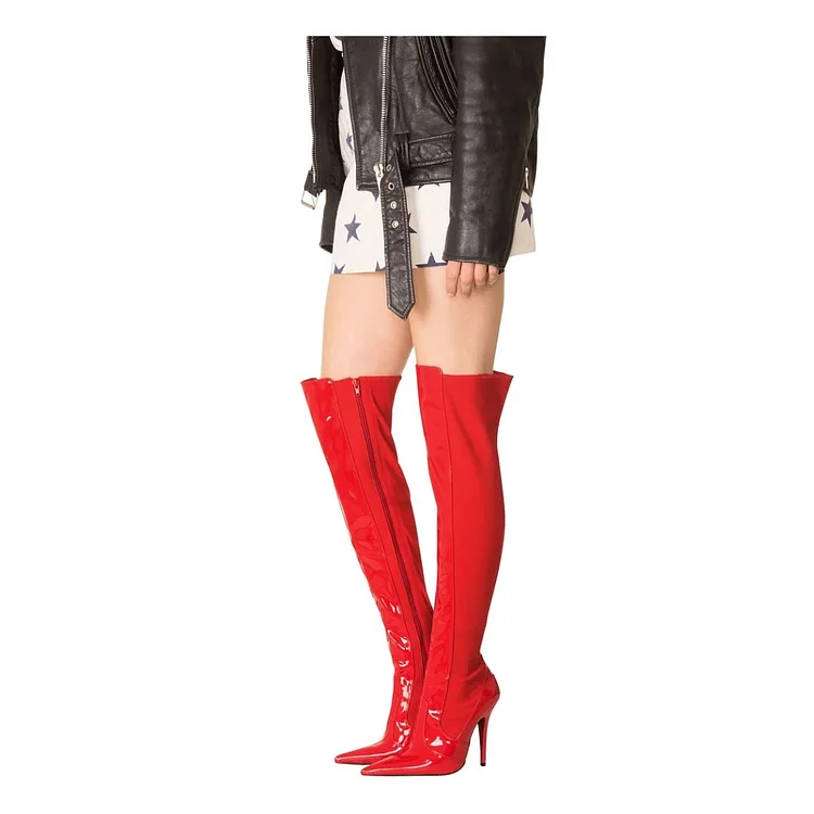 Red Patent Leather Stiletto Heel Pointed Toe Over The Knee Boots |FSJ Shoes