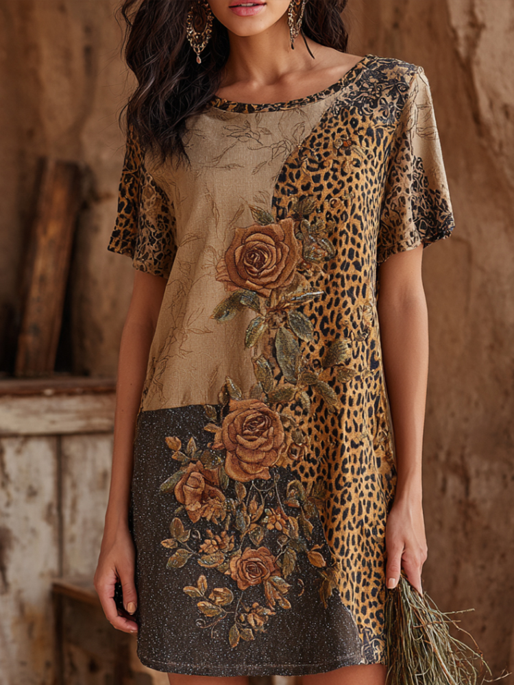 Comstylish Women's Retro Animal Print And Rose Art Spliced Cotton Linen Dress