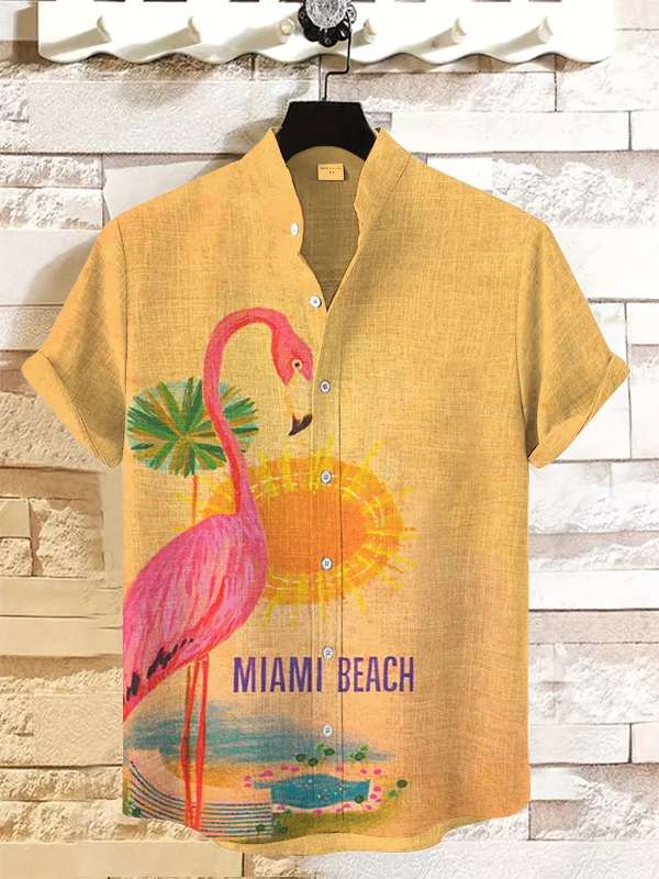 Men's Miami Beach Pink Flamingo Art Print Casual Shirt