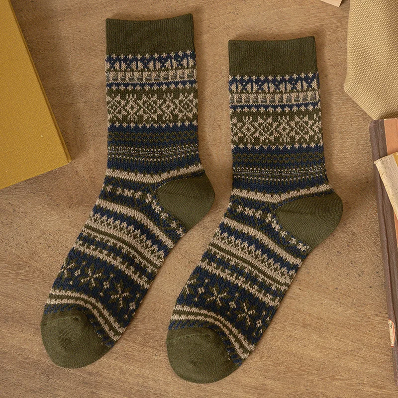 Men's Retro Ethnic Double-Needle Double-Way Cotton Breathable Mid-Calf Socks