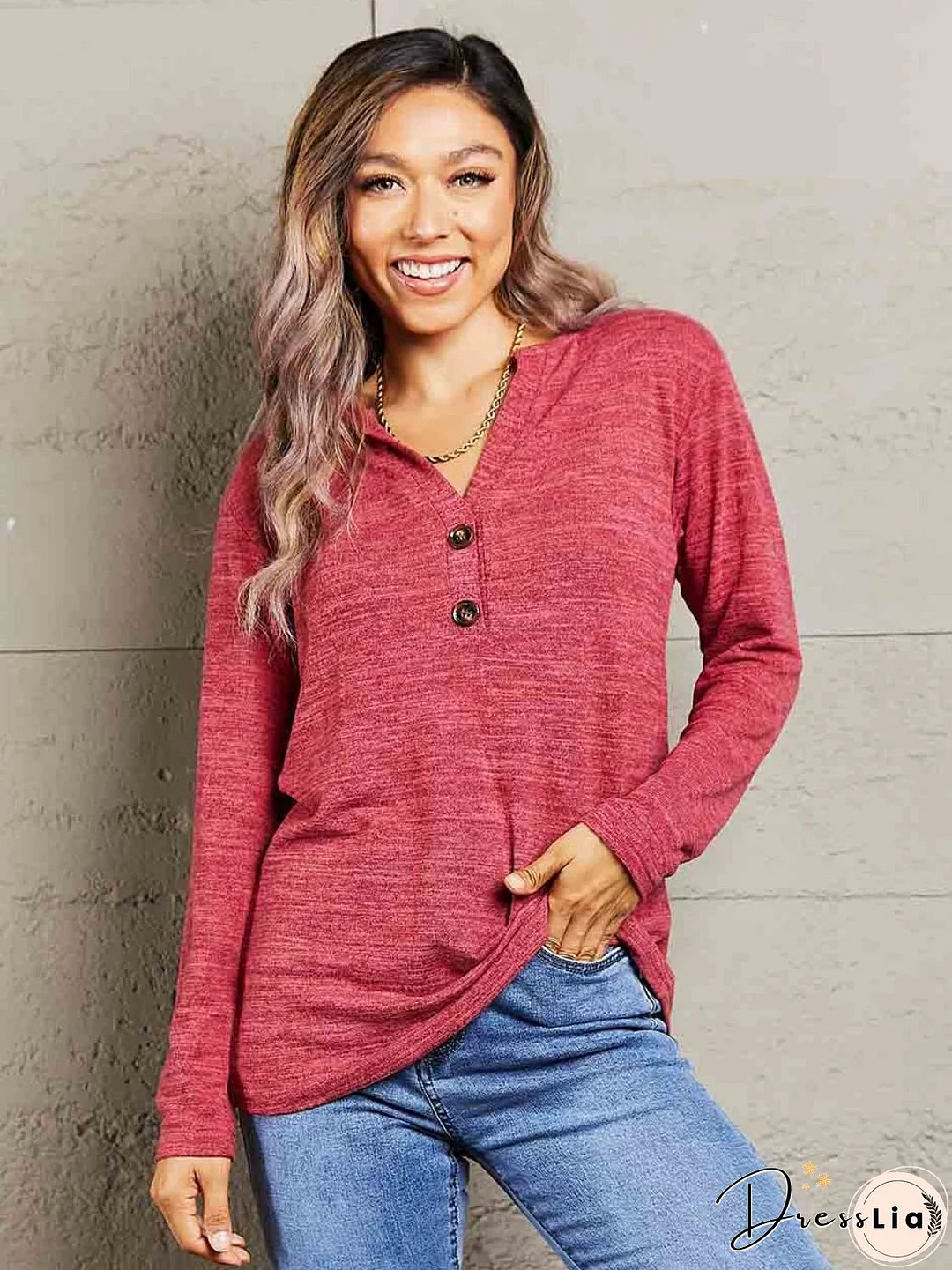 Double Take Buttoned Notched Neck Long Sleeve Top
