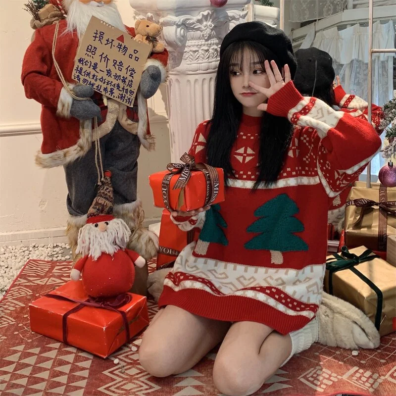 Cartoonh Red Sweaters Loose Thickened Knitted Tops Winter Pullover Knitted Coat Christmas Vintage Women Sweater Tops Christmas