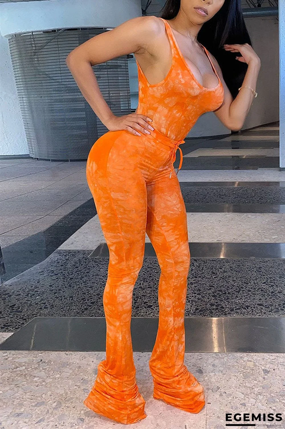 Orange Sexy Sleeveless U Neck Tank Regular Print Two Pieces | EGEMISS