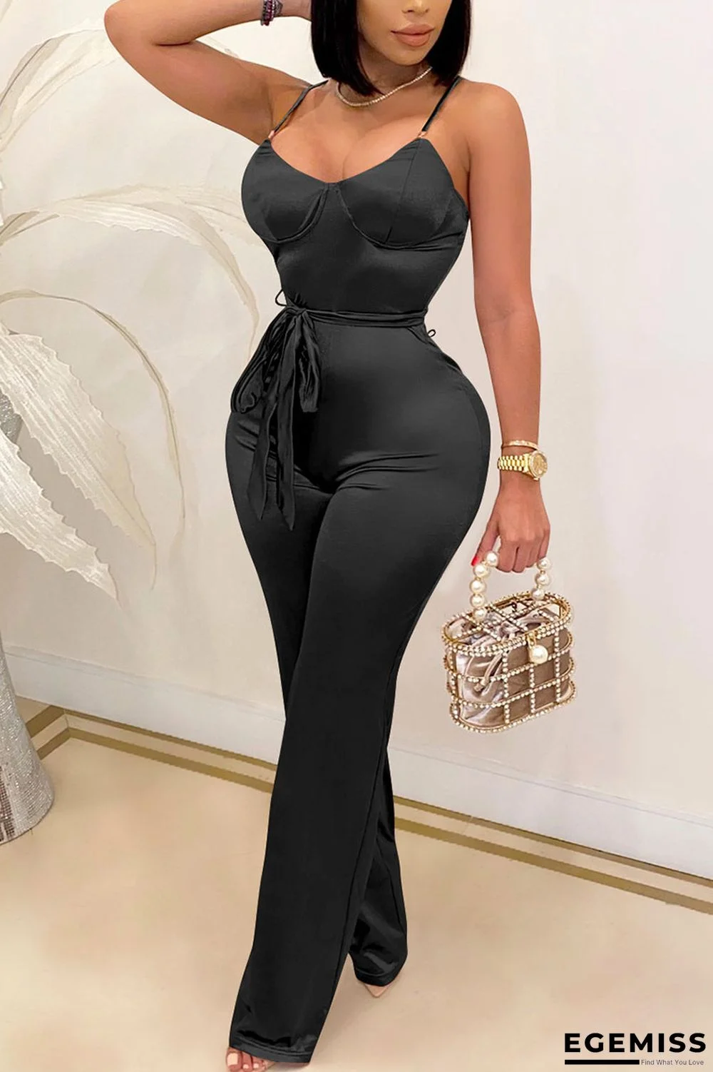 Black Daily Spandex Solid Bandage Backless Spaghetti Strap Regular Jumpsuits | EGEMISS