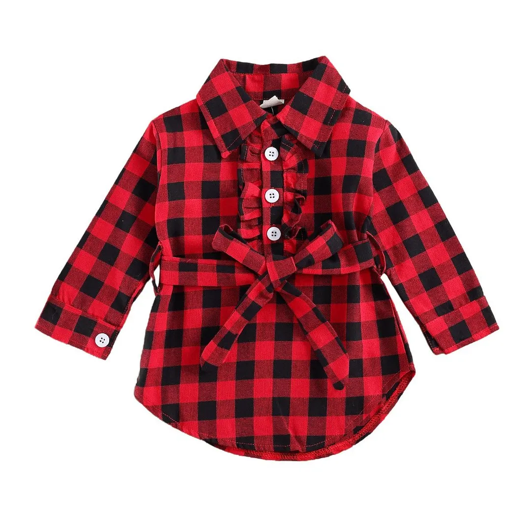 Kid Baby Girl Dress Plaid Midi Long Sleeve Round Lapel Collar High Waist Waistband Buttons Spring Autumn Princess Shirt 0-5Years