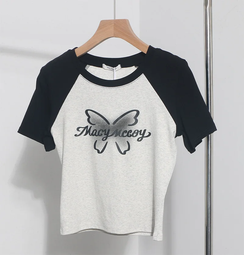 Uveng Retro Printed Short-Sleeved T-Shirt Women's Short-Coln High-Waisted Body Shirt 88899