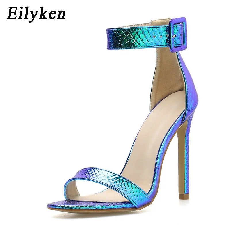Eilyken Summer Silver Blue Serpentine Peep Toe High Heel Women Sandals Sexy Buckle Strap Ankle-wrap Ladies Sandals Club Shoes