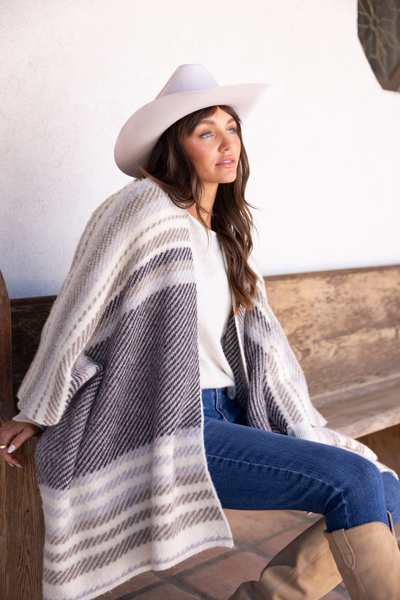 AUSTIN STRIPE PONCHO - TAUPE