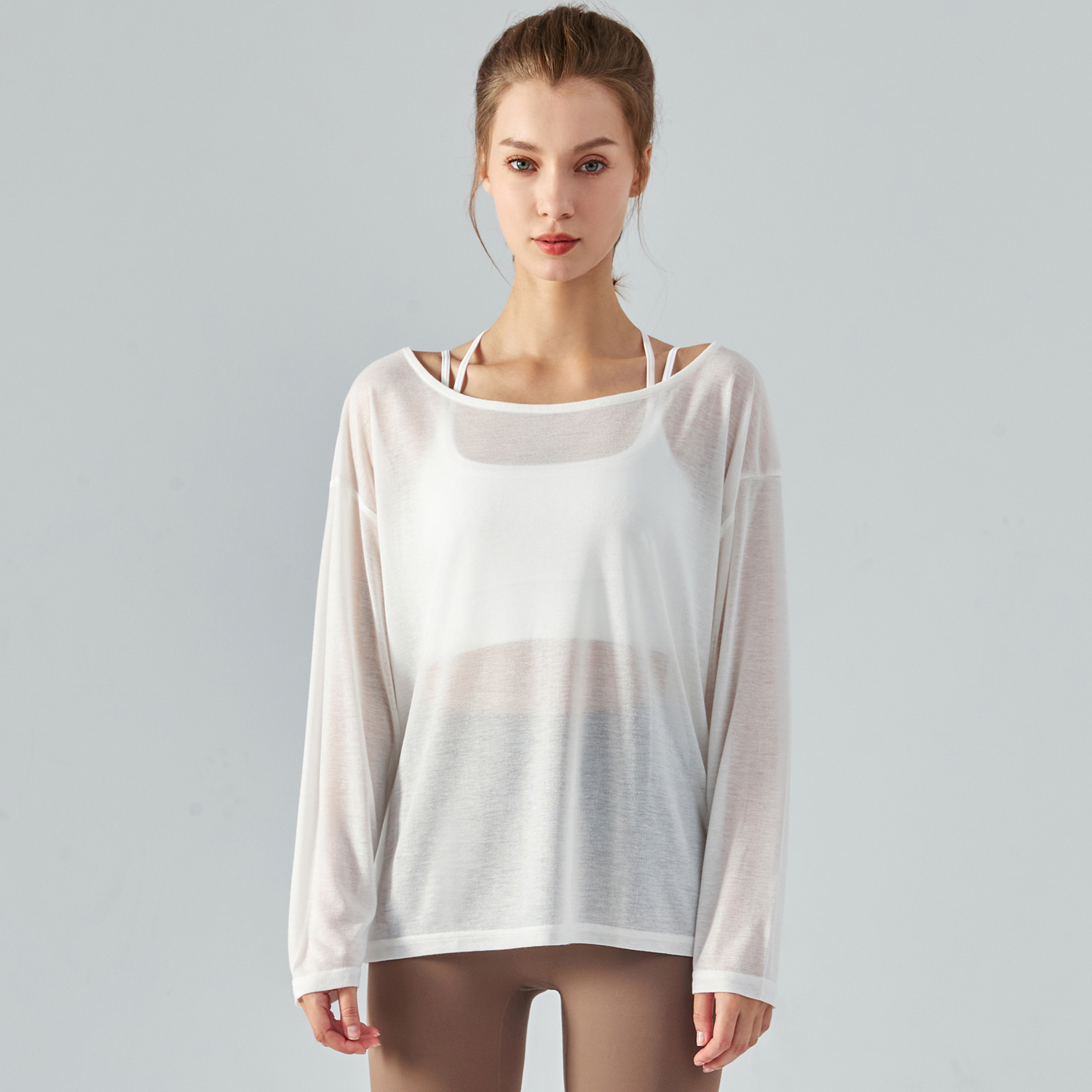 Different types White of long sleeve loose thin breathable running yoga tencel t shirt for women online shopping on Hergymclothing