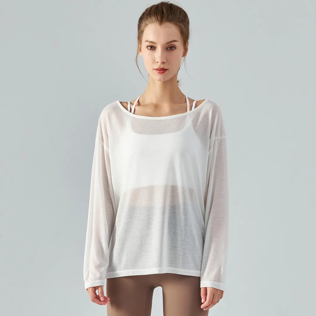 Different types White of long sleeve loose thin breathable running yoga tencel t shirt for women online shopping on Hergymclothing