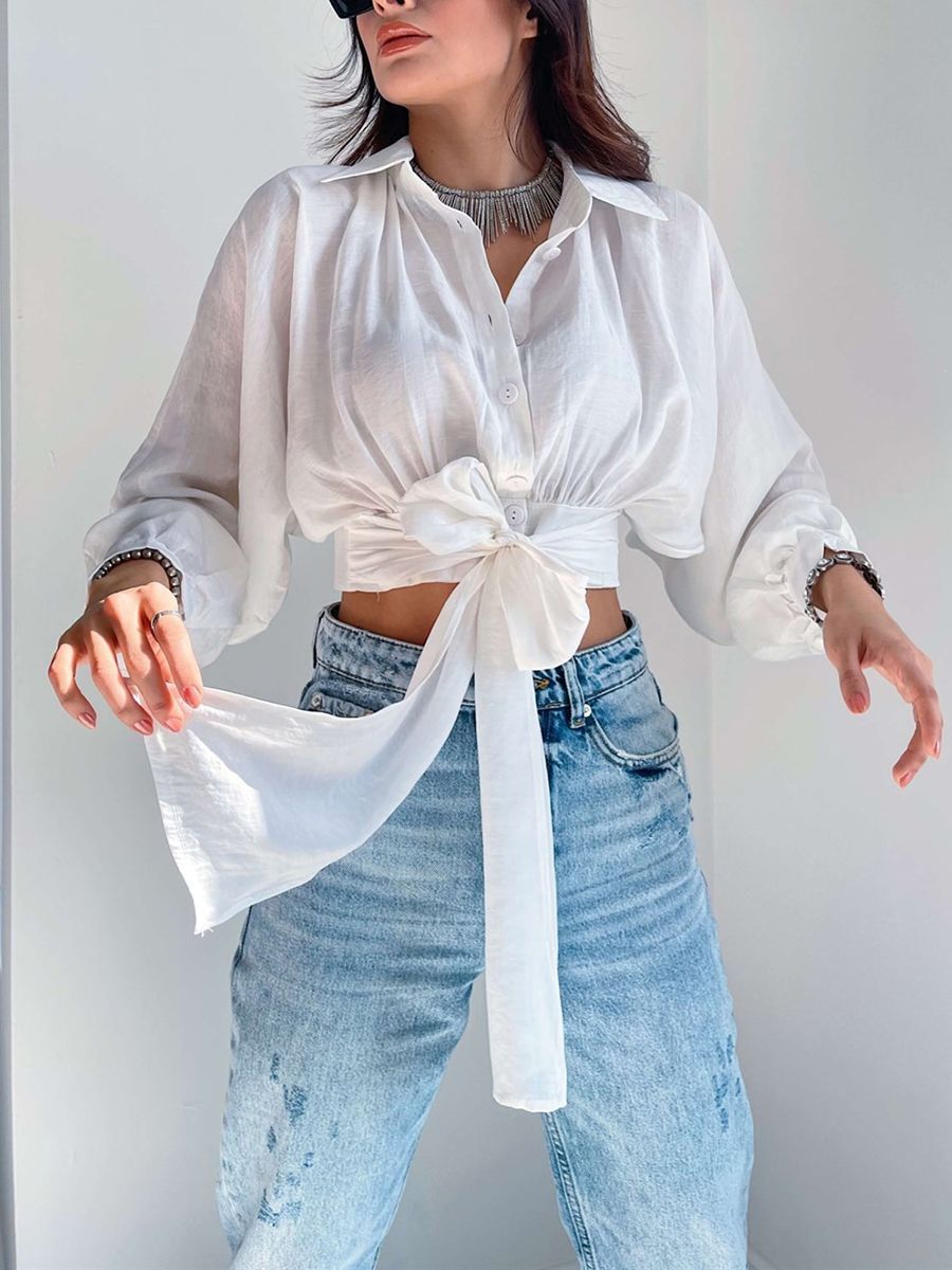 Turndown Collar Lace Up Batwing Sleeve Blouses
