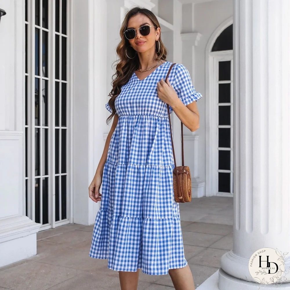Elegant Fashion Plaid Short Sleeve Dress For Women Dresses New Ruffled V-Neck High Waist Swing A-line Midi Dress