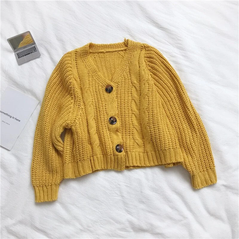 Women Cardigans New Fashion Solid Lantern Long Sleeve V-neck Twist Knitted Short Sweaters Korean Colorful Sweet Students Outwear