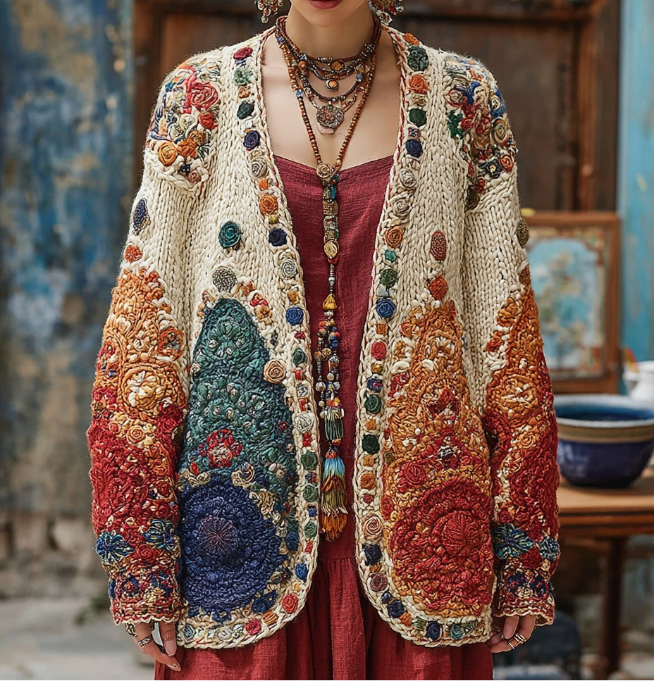 Women's Colorful charm pattern knitted medium and long cardigan
