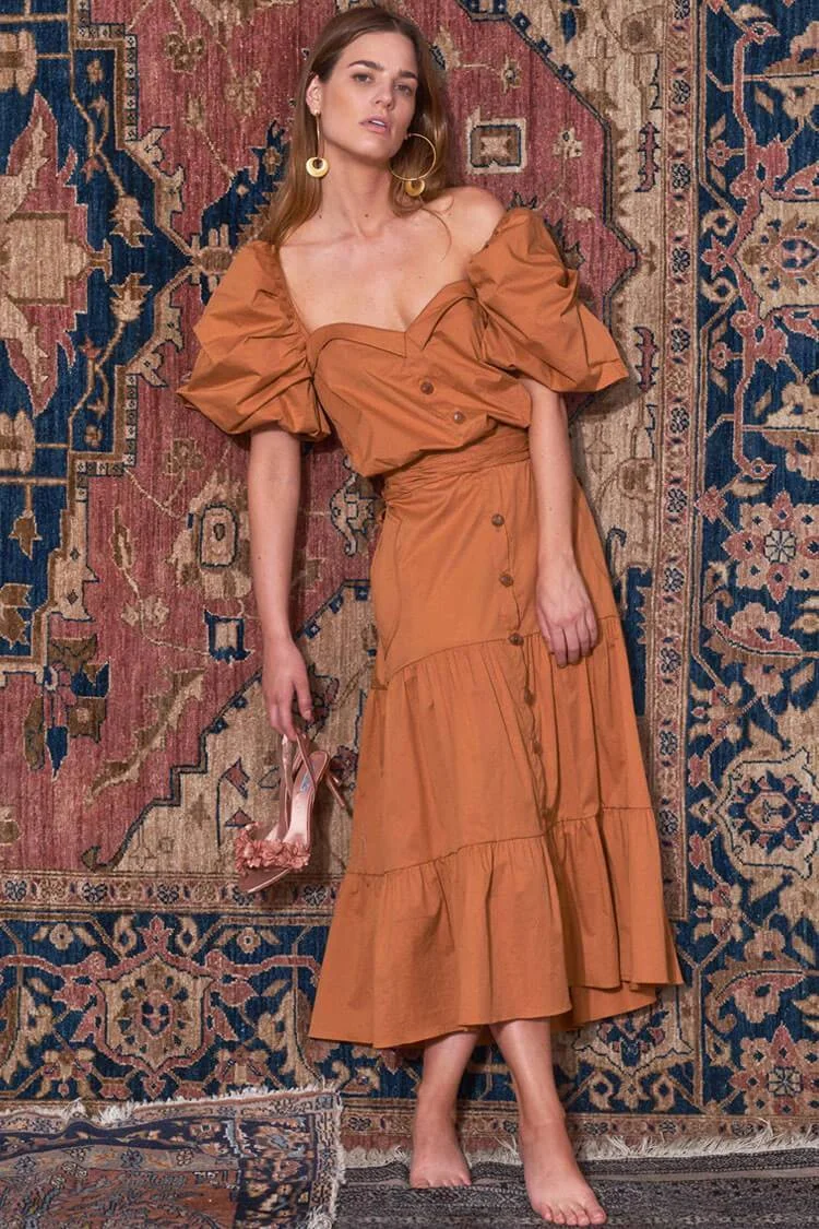 Puff Sleeve Button Trim Beach Midi Dress-elleschic
