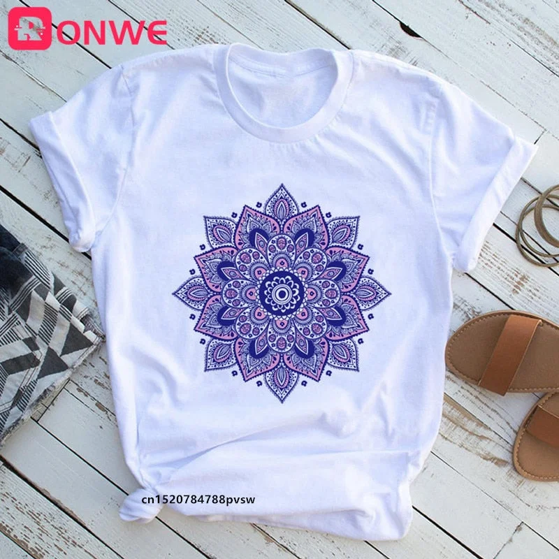 Mandala Flowers Stripes Thermo Funny Women T-shirt Girl  Summer 90S Print Tops Tee,Drop Ship