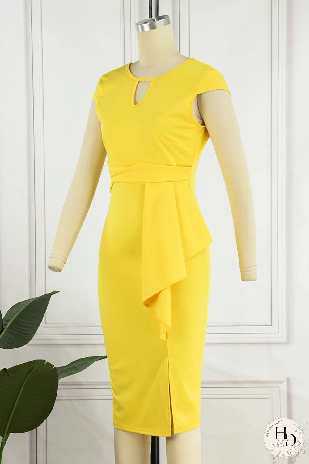 Yellow Casual Solid Patchwork Flounce Slit O Neck Dresses