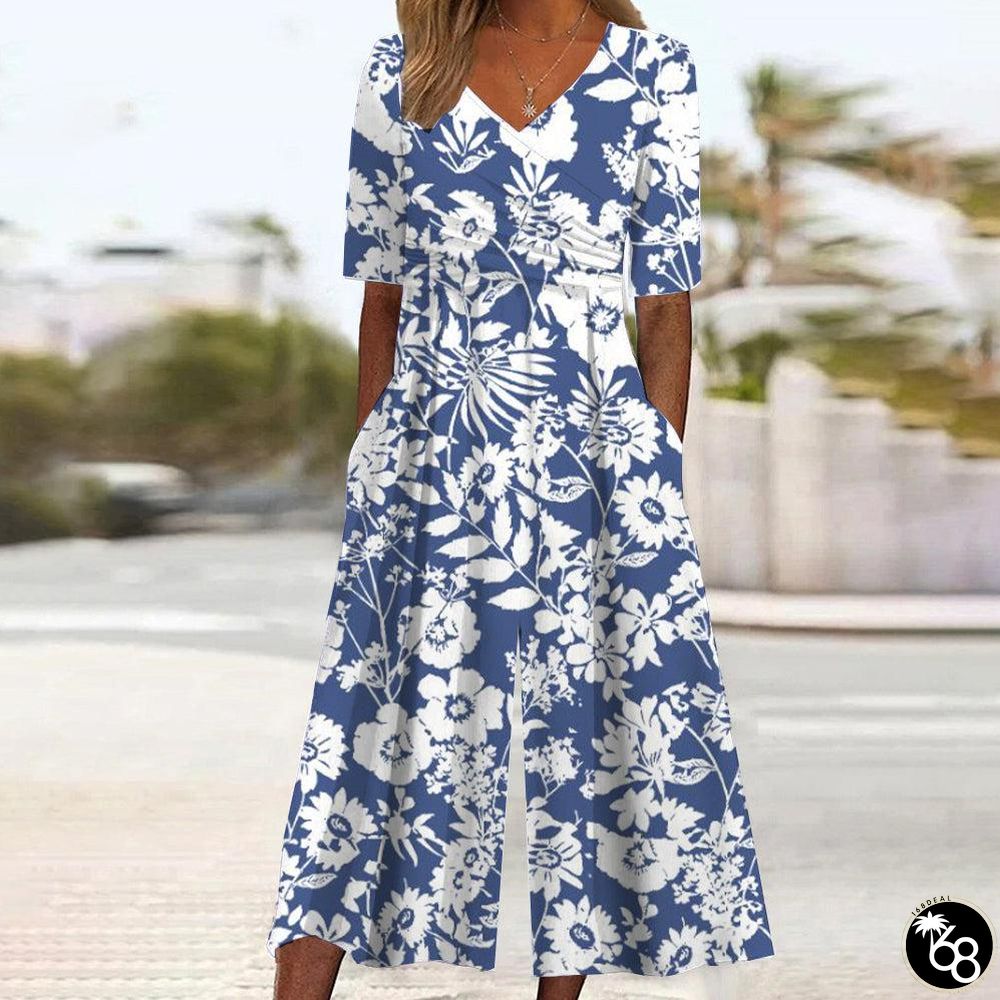 Fresh Short Sleeve V-Neck Jumpsuit | 168DEAL