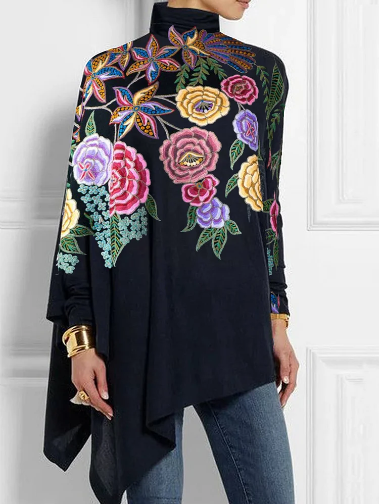 Ursime Floral Print Mock Neck Asymmetrical Hem Top