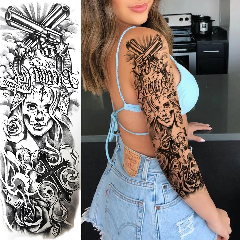 Sdrawing Temporary Tattoos Sleeve For Men Women Skeleton King Warrior Full Arm Tattoos Sticker War Black Fake Tatoos Long Sleeve