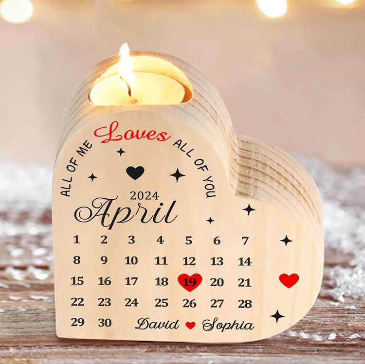 Personalized Heart Candle Holder Custom 2 Names & Date Wooden Calendar Candlesticks Anniversary Gift for Couples 