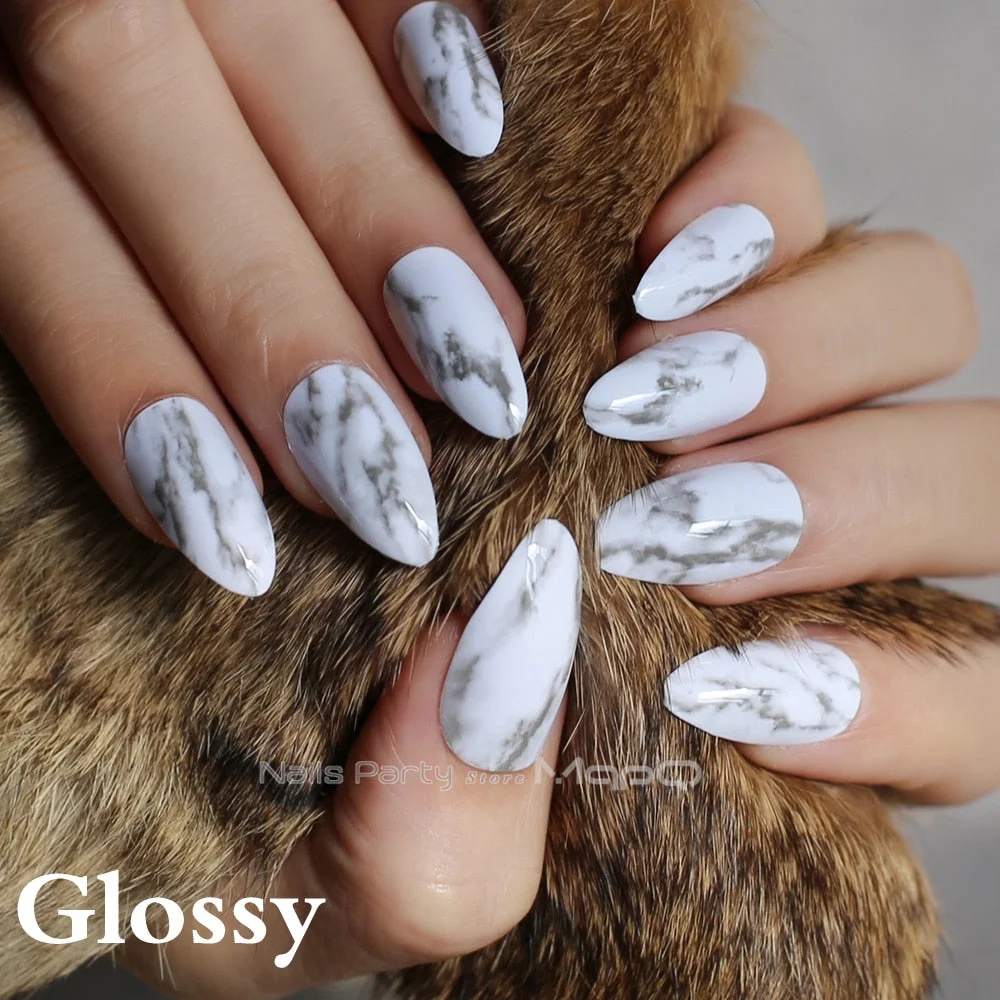 Marble matte Natural texture stiletto nails white medium fake nails glossy False nails point Tip high quality 24pcs full sets-Nail Inspo