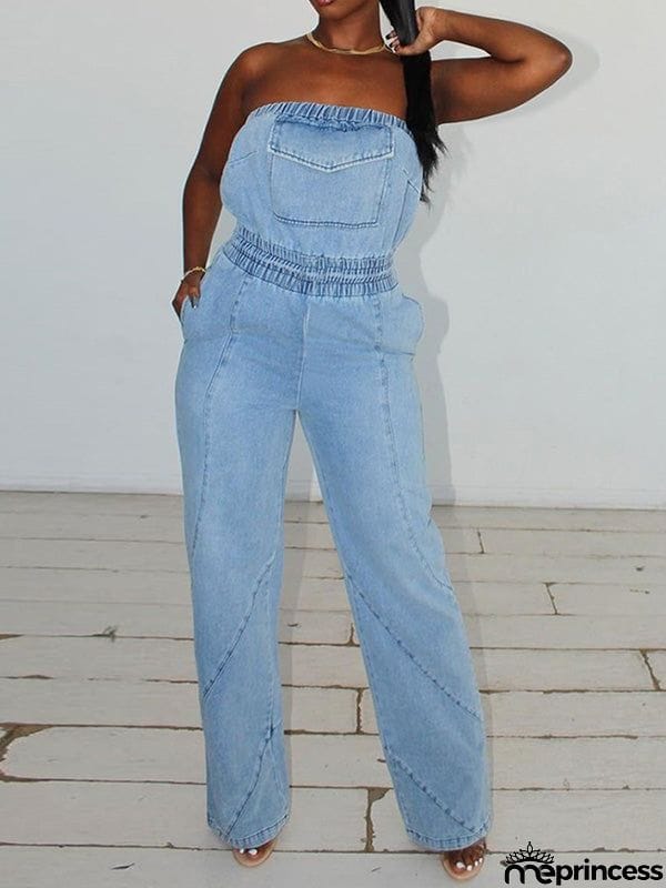 Sleeveless Straight Leg Elasticity Pleated Pockets Split-Joint Tube Jumpsuits