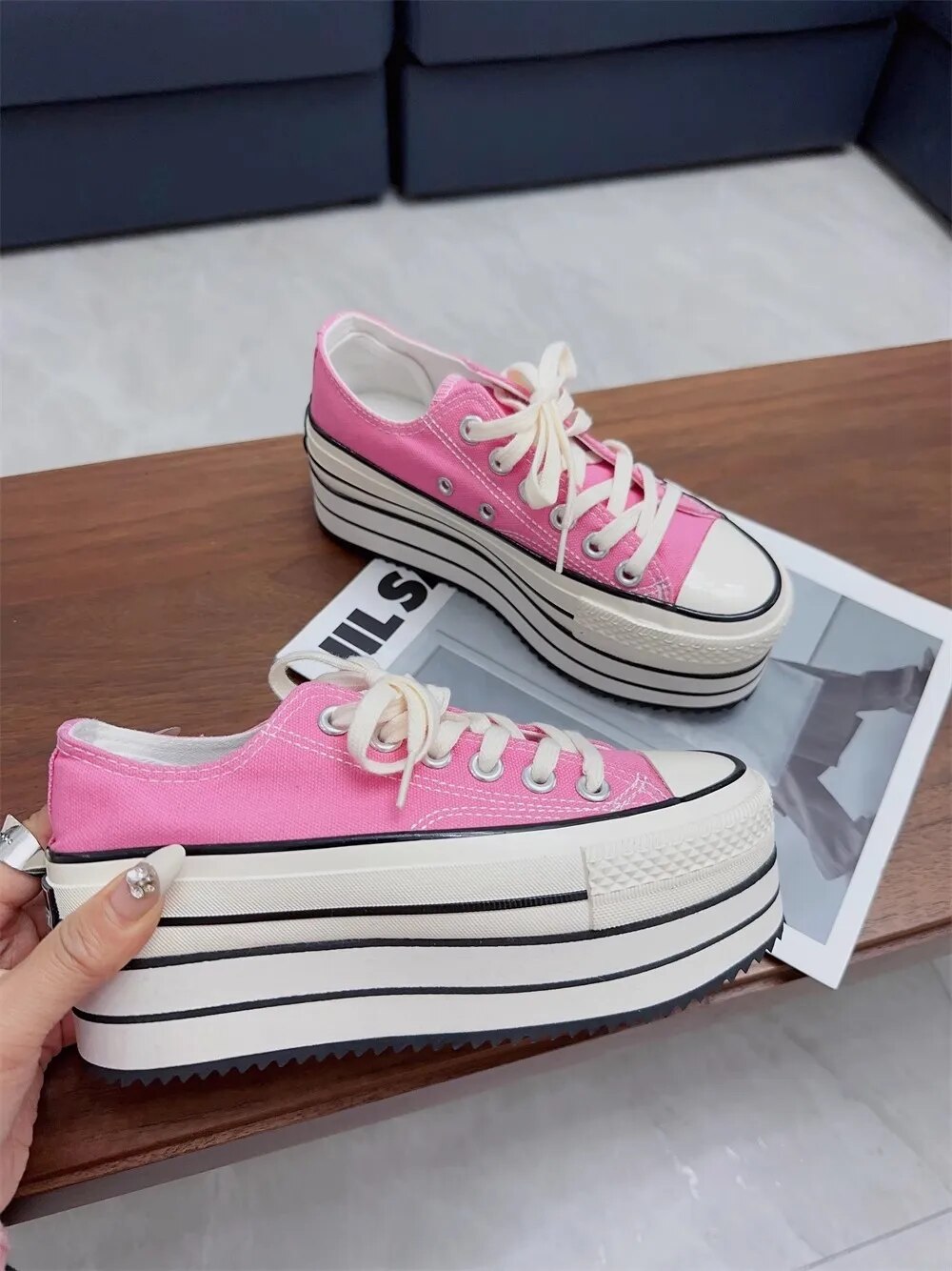 VCshoes Women Wasteland Punk Short Boots Woman High Wedges Heels Pumps Lady Dress Party Shoes Round Toe Pink Canvas Shoes 33-45