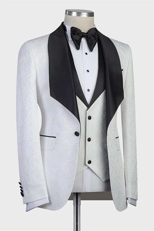 Miabel  Black Shawl Lapel  Wedding Groom Suits With White Three-Pieces Jacaquard