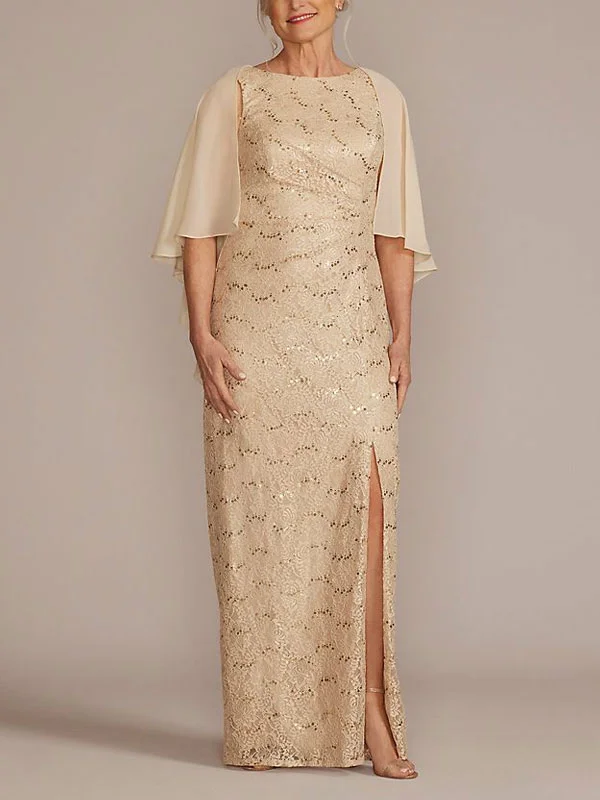 ruched lace sheath gown with slit skirt and shawl