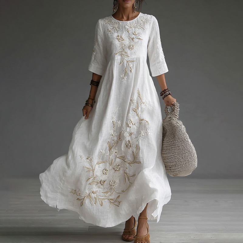 Japanese Floral Art Embroidered Casual Linen Maxi Dress wearshes