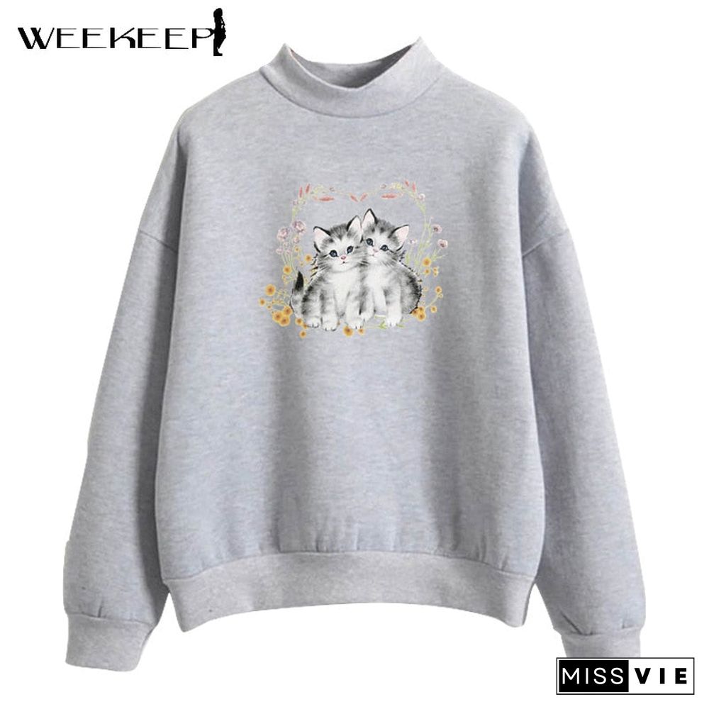 Weekeep Casual Oversized Sweatshirts Women Cute Cat Print Pullover Autumn Long Sleeve Loose Harajuku Streetwear Korean Aesthetic