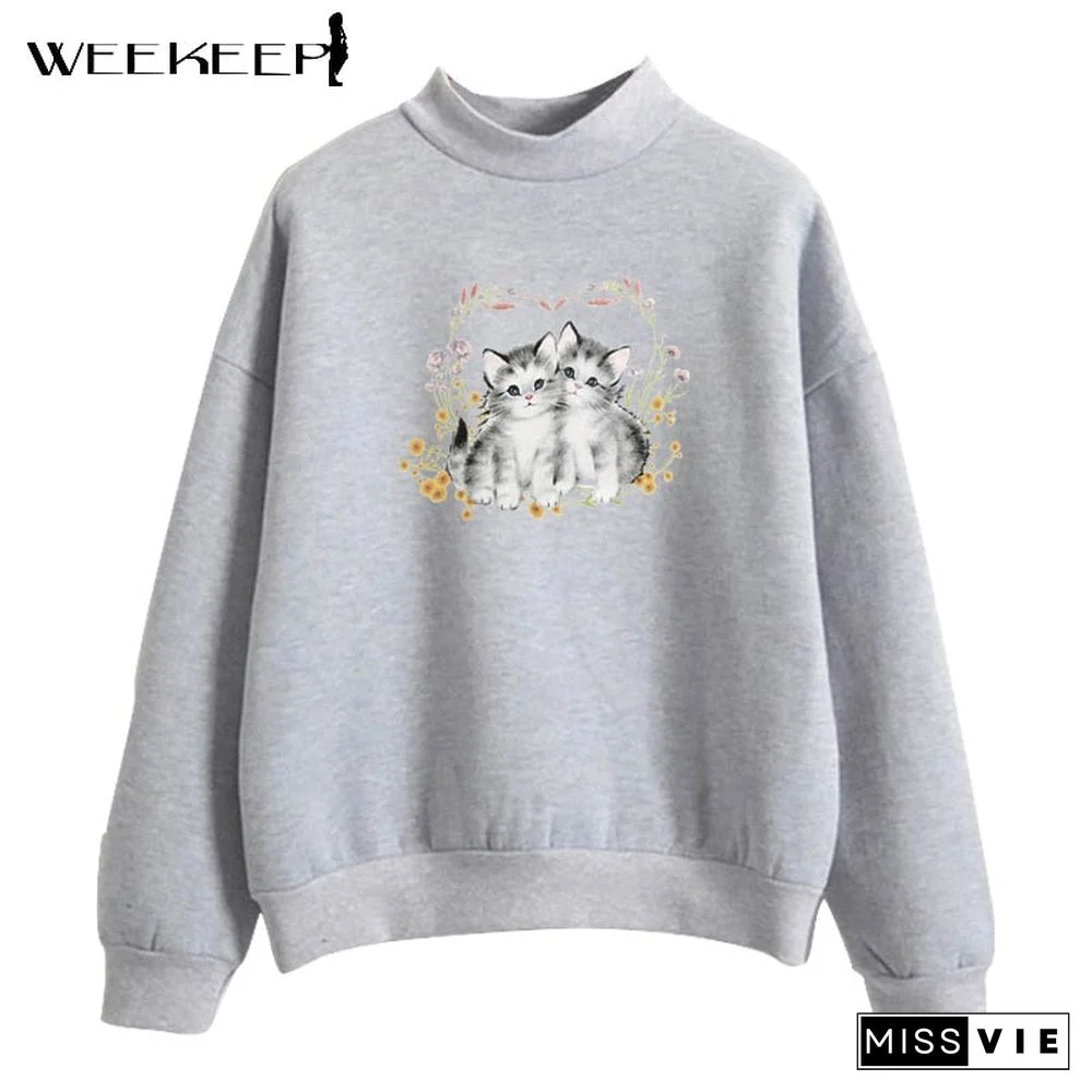 Weekeep Casual Oversized Sweatshirts Women Cute Cat Print Pullover Autumn Long Sleeve Loose Harajuku Streetwear Korean Aesthetic