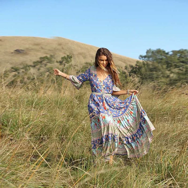 New Fashion Cute Sweet V-Neck Floral Beach Vacation Dress