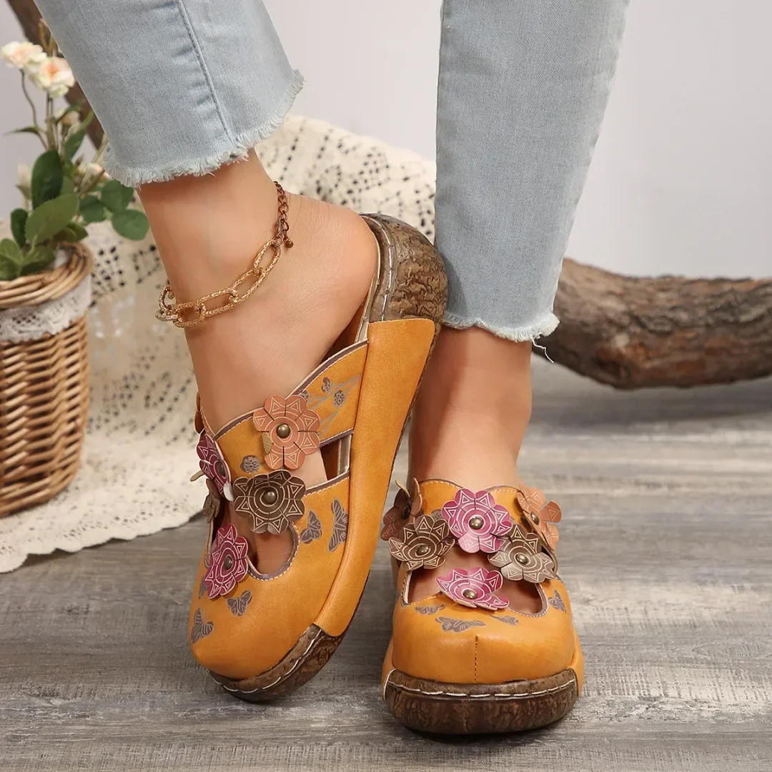 Women's Vintage Tribal Style Floral Slide Sandals Wedge Mule Shoes Clogs Slippers