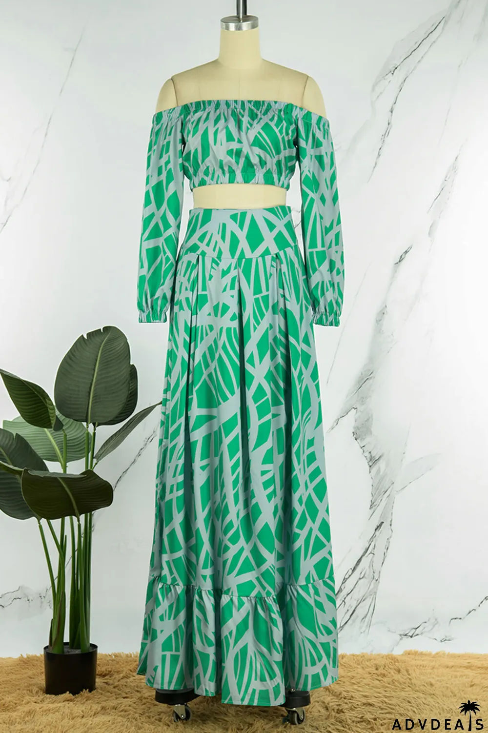 Tangerine Casual Print Patchwork Off the Shoulder Half Sleeve Two Pieces