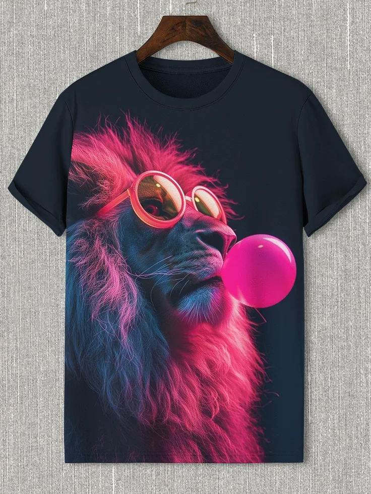 Men's Funny Lion Blowing Bubble Gum Art Print T-Shirt