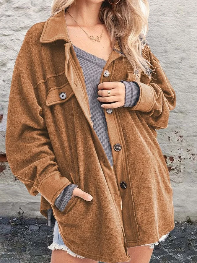 Brown Cotton Blends Plain Loosen Outerwear | EGEMISS